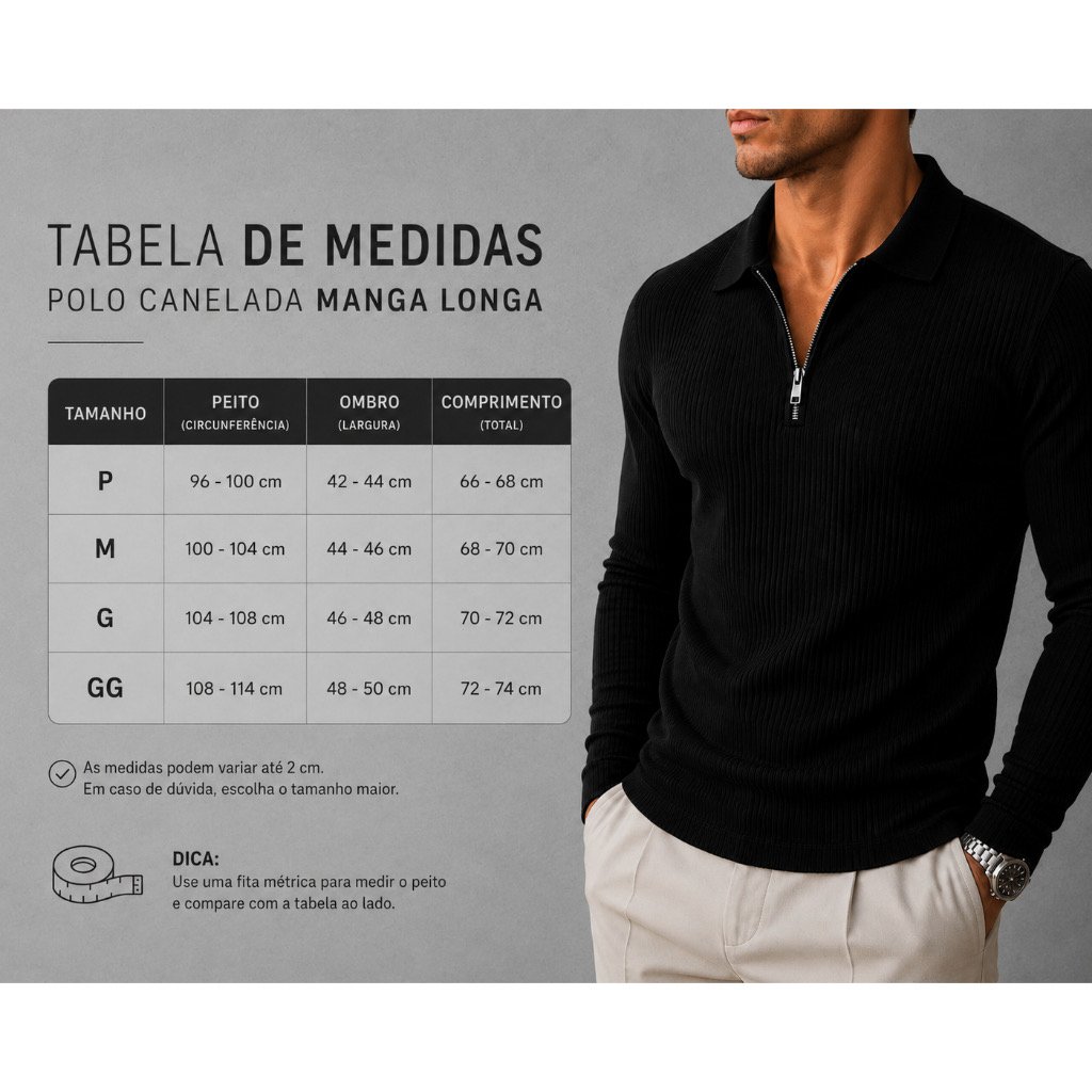 Camisa Polo Manga Longa Masculina Italiana Canelada com Zíper Slim Fit — foto 7