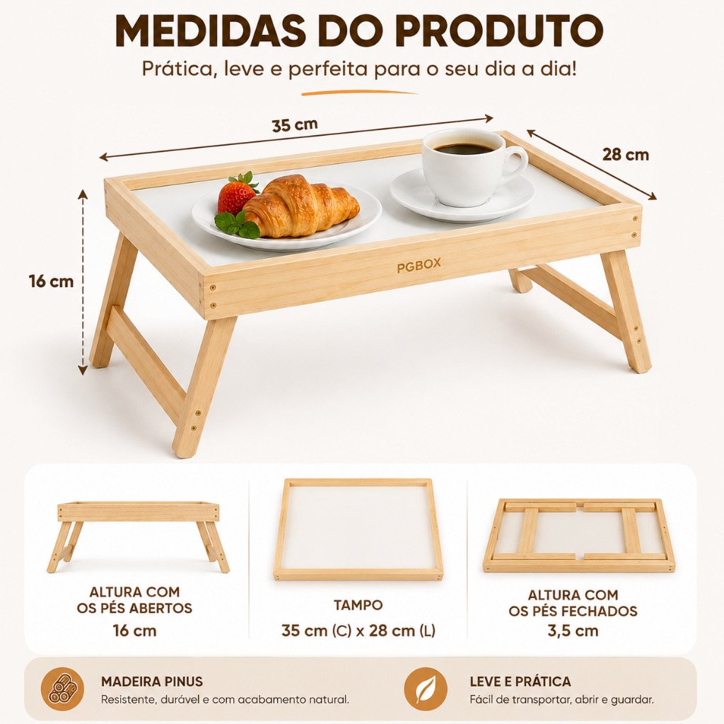 Mesa Bandeja Dobrável de Madeira Pinus para Café na Cama 38 cm — foto 5