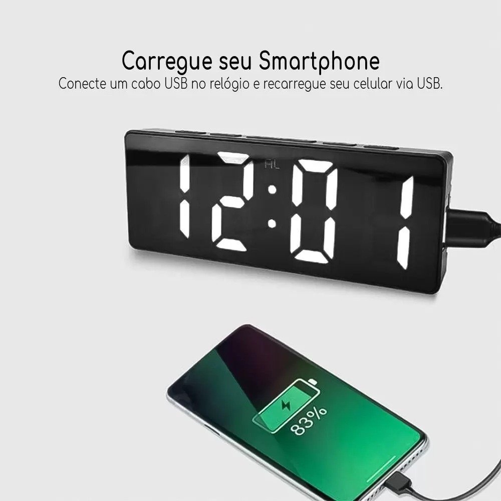 Relógio Despertador Digital de Mesa LED USB e Pilha AAA Preto — foto 5