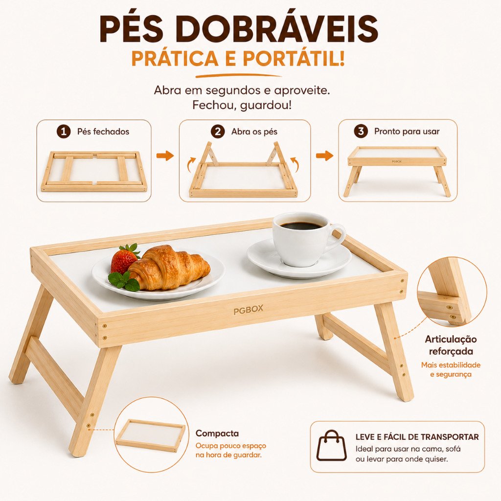 Mesa Bandeja Dobrável de Madeira Pinus para Café na Cama 38 cm — foto 7