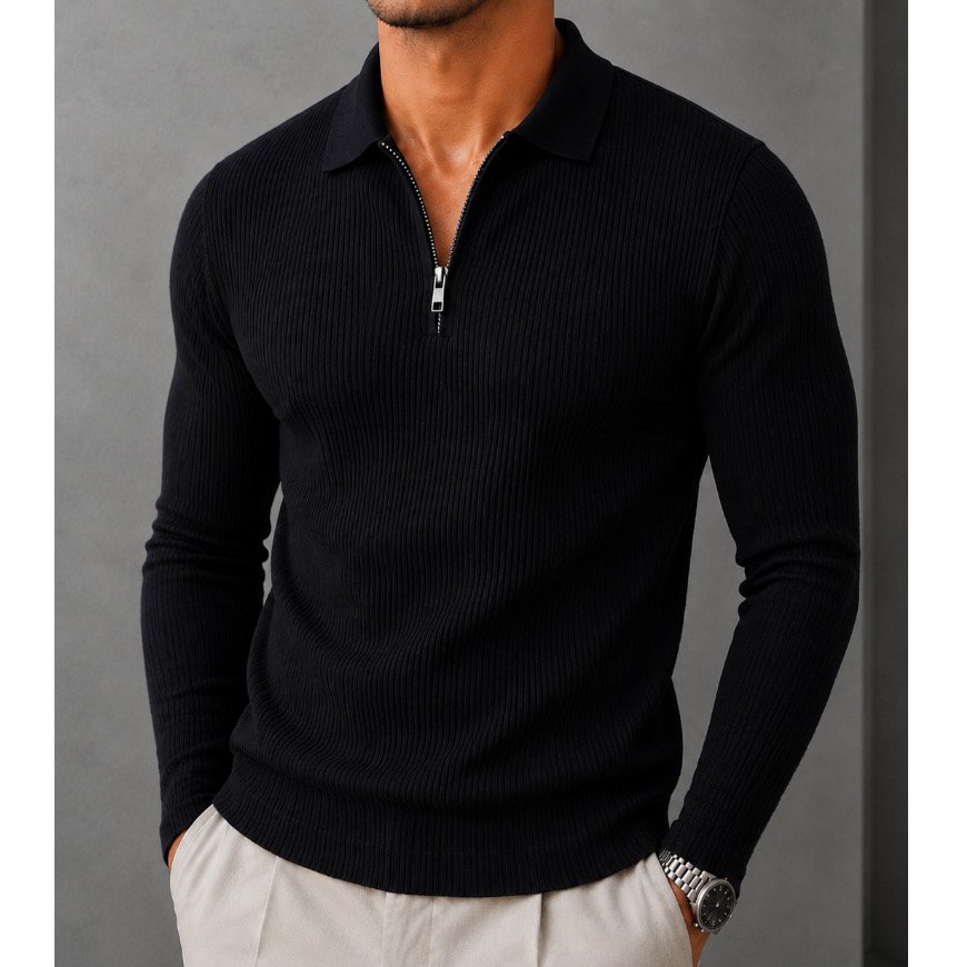 Camisa Polo Manga Longa Masculina Italiana Canelada com Zíper Slim Fit — foto 1
