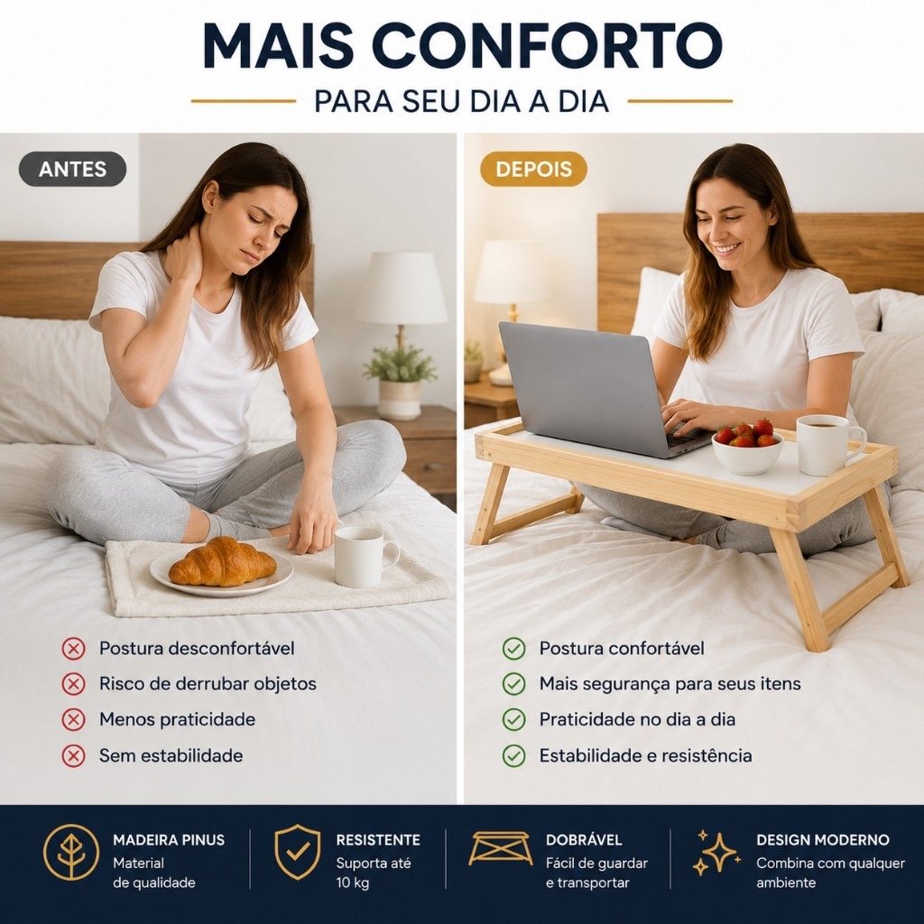 Mesa Bandeja Dobrável de Madeira Pinus para Café na Cama 38 cm — foto 4