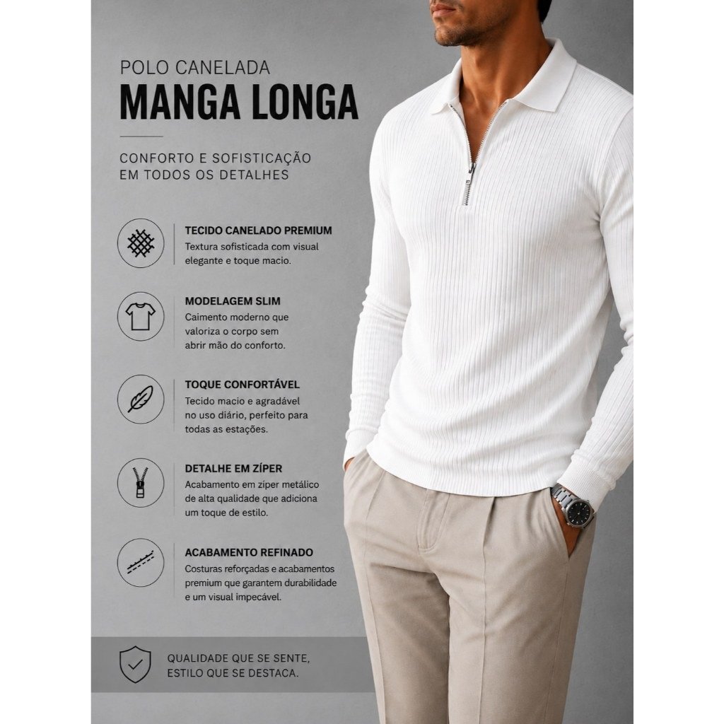 Camisa Polo Manga Longa Masculina Italiana Canelada com Zíper Slim Fit — foto 6