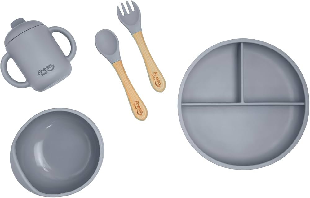 Kit Alimentação Bebê em Silicone 5 Peças Freso Baby Cinza