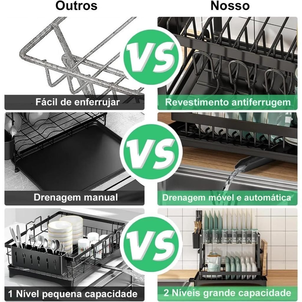Escorredor de Louça Duplo 2 Andares Metal Preto com Bandeja Coletora — foto 5